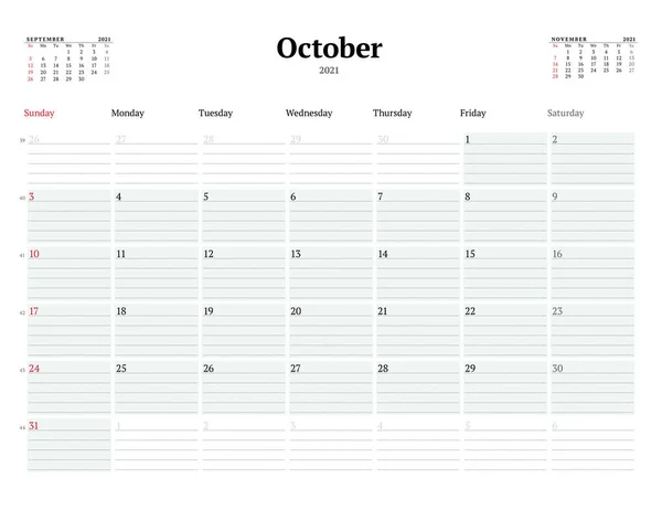 Шаблон Календаря Жовтень 2021 Року Бізнес Планувальник Пунктирними Рядками Нотаток — стоковий вектор
