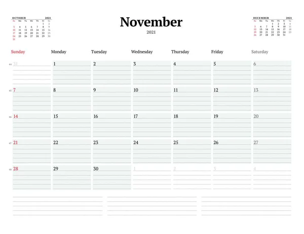 Modello Calendario Novembre 2021 Pianificatore Mensile Aziendale Con Linee Tratteggiate — Vettoriale Stock