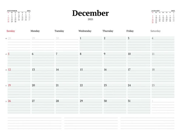 Plantilla Calendario Para Diciembre 2021 Planificador Mensual Negocios Con Líneas — Archivo Imágenes Vectoriales