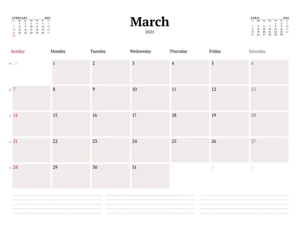 Szablon Kalendarza Marzec 2021 Planer Miesięczny Biznesu Projekt Papeterii Tydzień — Wektor stockowy