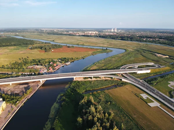 Foto Drone Ponte Sobre Rio Pôr Sol Panorama Cidade Kaliningrado — Fotografia de Stock