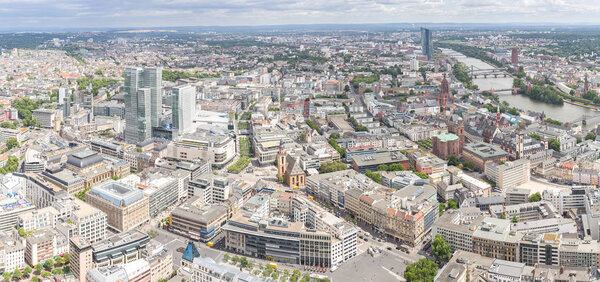 Panorama aerial view of skyscrapers in Frankfurt, Germany