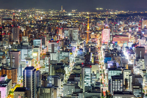 Aerial view of Nagoya at night in Japan