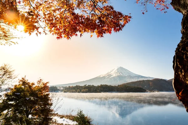 Soluppgången Höst Kawaguchiko Eller Sjön Kawaguchi Fujikawaguchiko Japan — Stockfoto