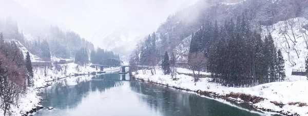 Trainen Winterlandschap Besneeuwde Brug — Stockfoto