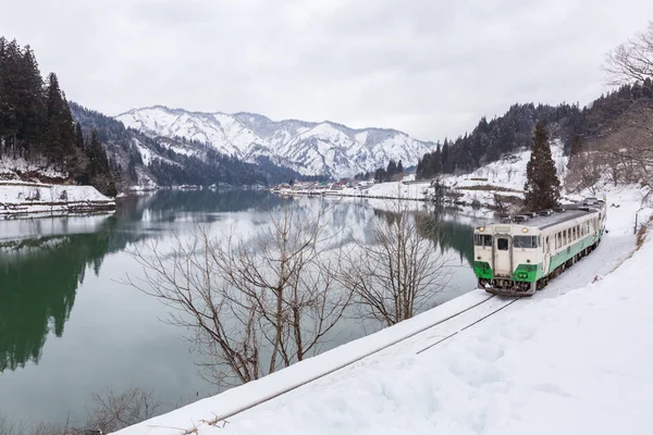 Treno Inverno Paesaggio Neve Sul Ponte — Foto Stock