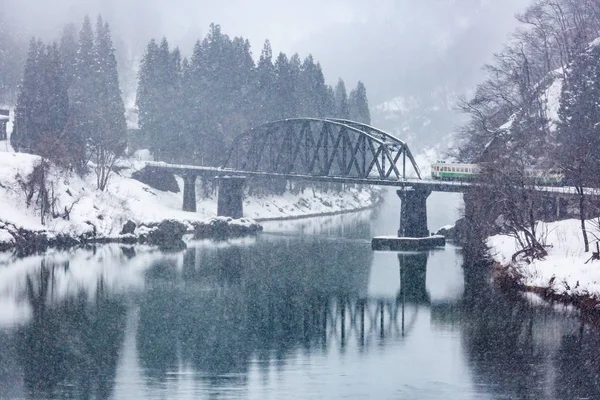 Paysage Hivernal Avec Train Enneigé Sur Pont — Photo