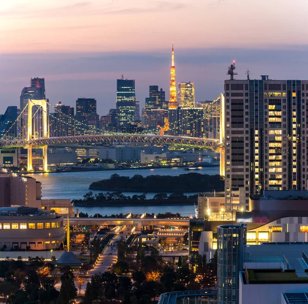 東京で東京タワーとレインボー ブリッジと東京のスカイライン — ストック写真