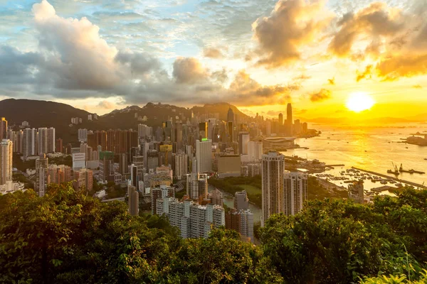 Antenowe Zachodu Słońca Hong Kong City Panoramę Miasta Wzgórza Brae — Zdjęcie stockowe