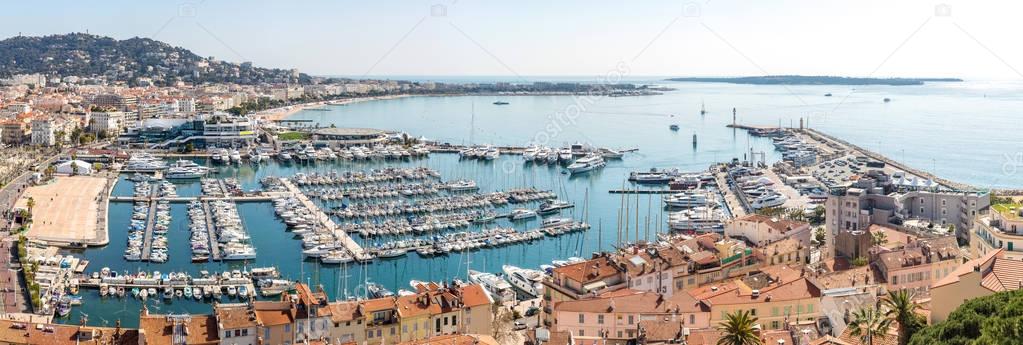 aerial view of Le Suquet old town and Port Le Vieux of Cannes, France