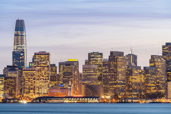 San Francisco downtown skyline at dusk from Treasure Island, California