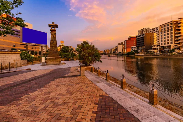 Fukuoka Casco Antiguo Largo Del Río Naka Nakasukawabata Atardecer Crepúsculo —  Fotos de Stock