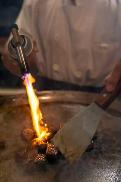 Cottura Della Ricetta Teppanyaki Manzo Alla Griglia Giapponese Pentola Con — Foto Stock