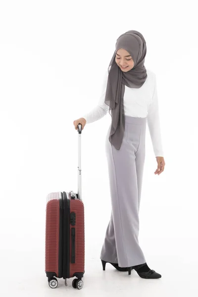 Portait Cuerpo Completo Mujer Viajera Musulmana Asiática Feliz Del Turista — Foto de Stock