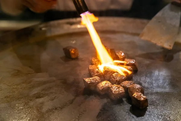 Vaření Hovězího Teppanyaki Recept Japonské Grilované Hovězí Maso Varné Pánvi — Stock fotografie