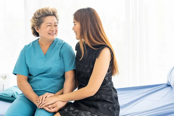 Cute Young Daughter Embracing Hug Her Happy Old Elderly Mother — Stock Photo, Image