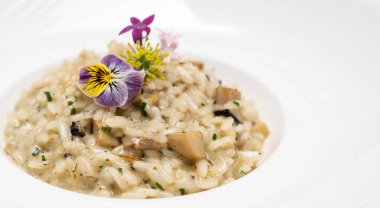 Mantarlı krem peynirli risotto ve mantar yağlı süsleme sarı ve mor çiçekli. Uluslararası İtalyan gurme mutfağı açık büfede canlı yayın yapıyor. Yiyecek ve içecek endüstrisi için kullanılıyor..