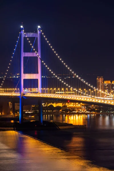 Zonsondergang Lichte Verlichting Van Tsing Brug Oriëntatiepunt Hangbrug Tsing Gebied — Stockfoto