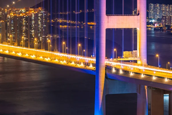 Tramonto Illuminazione Luminosa Del Ponte Tsing Pietra Miliare Ponte Sospeso — Foto Stock