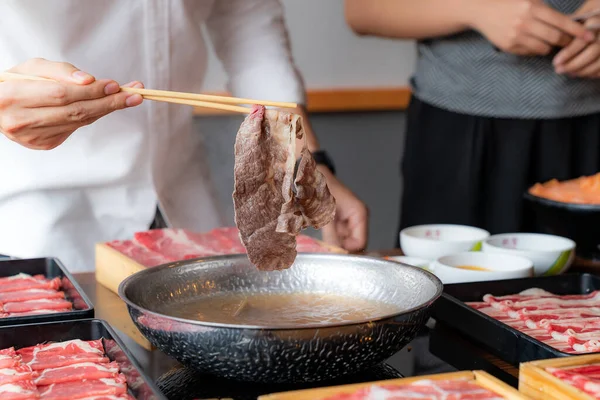 Cocina Carne Vacuno Wagyu Japonesa Shabu Shabu Set Hot Pot —  Fotos de Stock