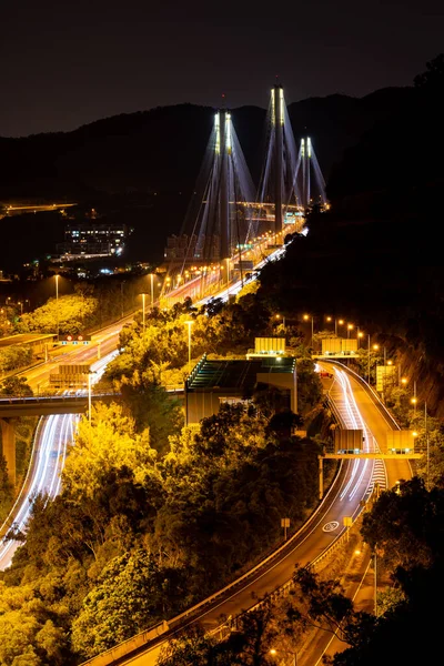 Puesta Sol Iluminación Luz Del Puente Colgante Tsing Puente Referencia —  Fotos de Stock