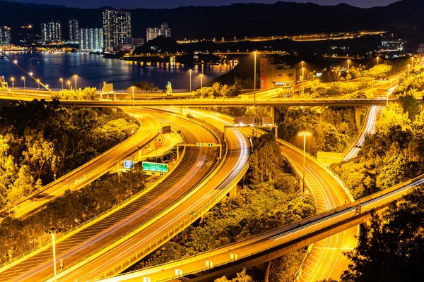 Solnedgång Och Ljus Belysning Tsing Bro Landmärke Hängbro Tsing Området — Stockfoto