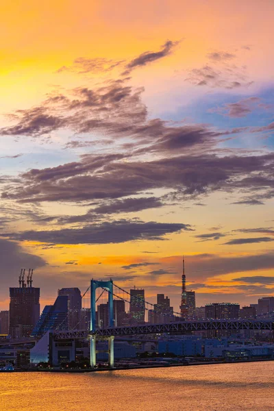 東京湾の夕暮れ時のレインボーブリッジと東京タワーを持つ東京のスカイラインの航空写真 — ストック写真