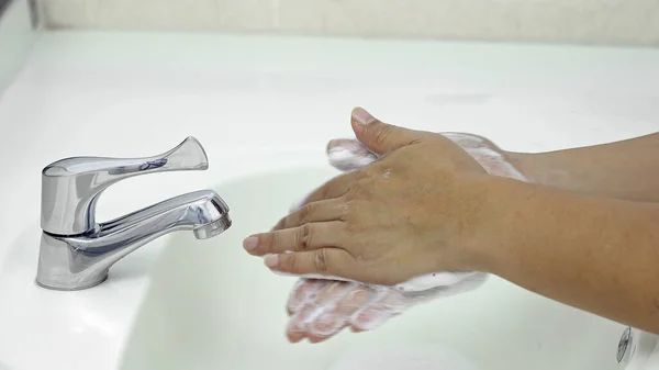 Stappen Handwas Stap Wrijf Palm Tegen Elkaar Bescherming Tegen Coronavirus — Stockfoto