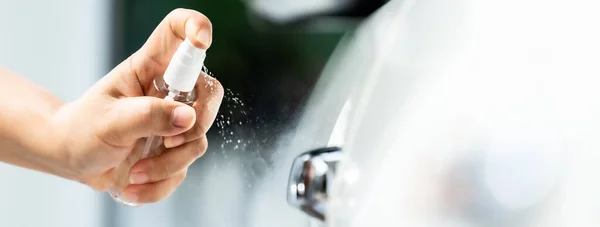 Panoramic Web Banner Car Cleaning Using Hand Spraying Alcohol Disinfectant — Stock Photo, Image
