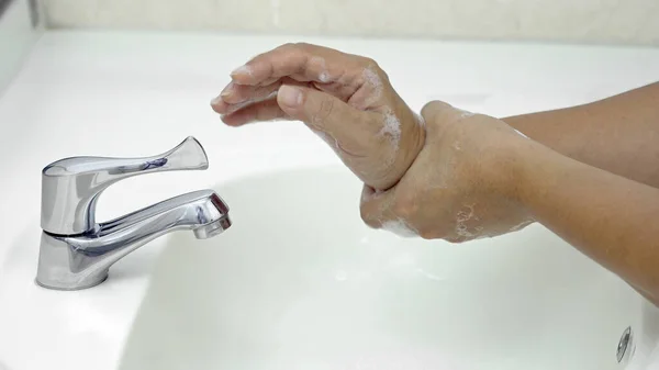 Steps Hand Washing Step Rub Both Weists Rotating Manner Protection — Stock Photo, Image
