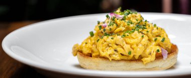 Mantar yağlı çırpılmış yumurta panoramik web pankartı Avrupa mutfağının geleneksel kahvaltısı. Restoran gastronomisi gıda ve içecek tüketim kavramı.