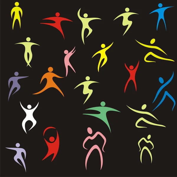 Фітнес, танцювальні елементи та ікони з людськими силуетами. векторний Стокова Ілюстрація