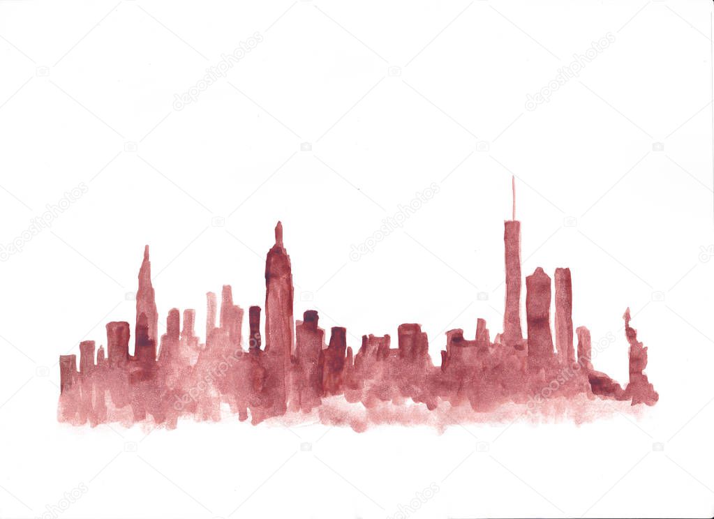 Red watercolor skyline of new york city