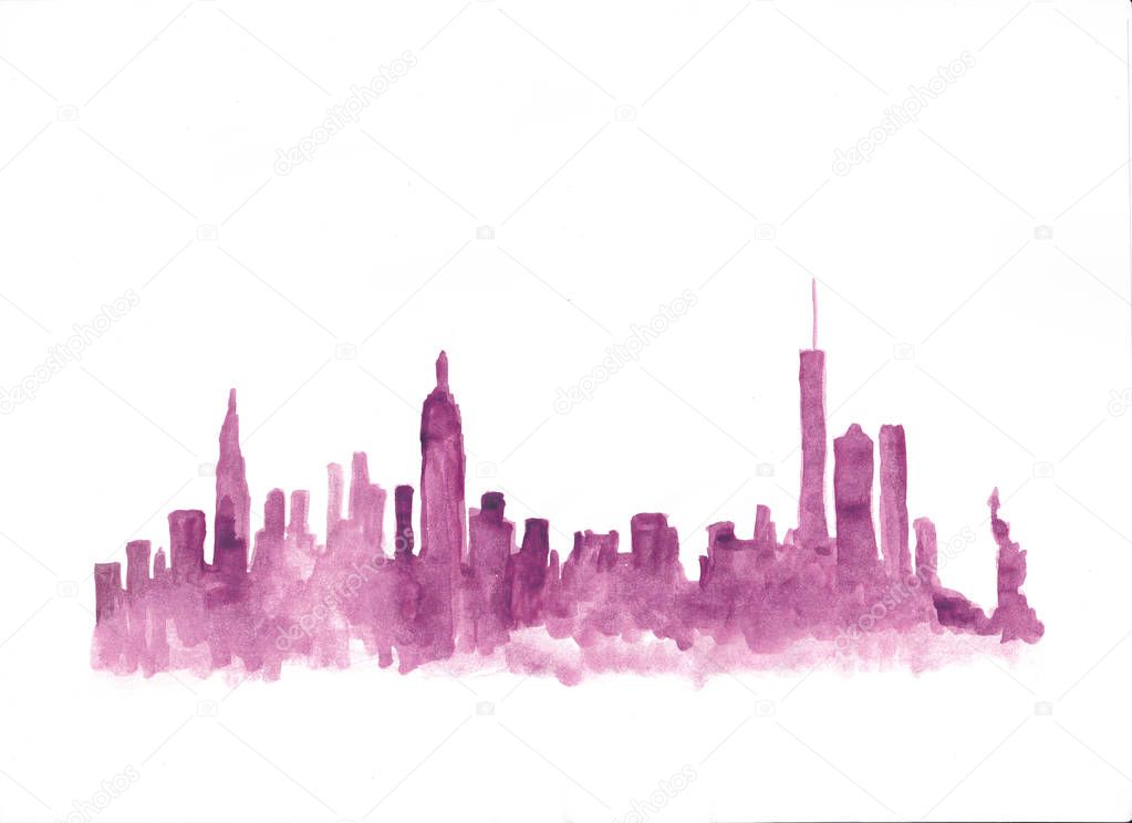 Pink watercolor skyline of new york