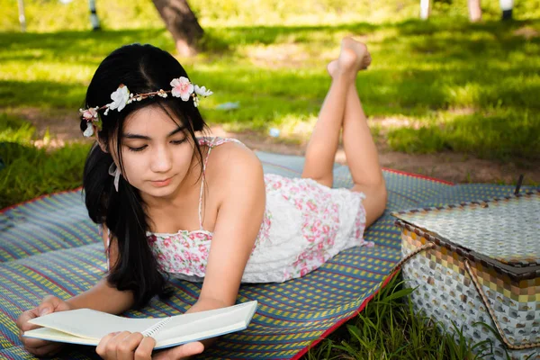 牧草地で若いアジア女性ピクニック — ストック写真