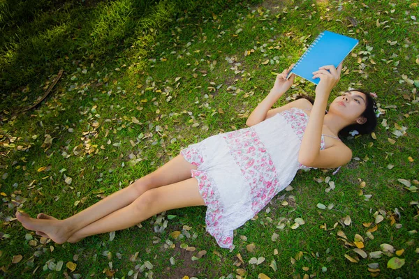 Mladá asijská žena piknik na louce — Stock fotografie
