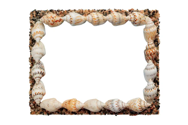 Photo frame made of shells and small stones with an empty space inside. — Stok fotoğraf