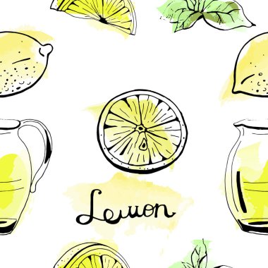 Sorunsuz vektör desen el limonata, limon ve nane suluboya arka plan üzerinde çizilmiş.