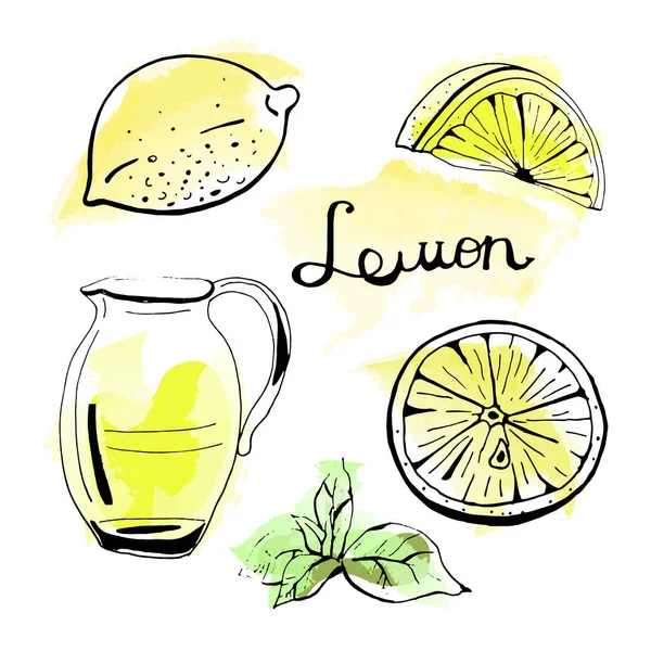 Elle çizilmiş limonata, limon ve nane suluboya arka plan üzerinde vektör kümesi.