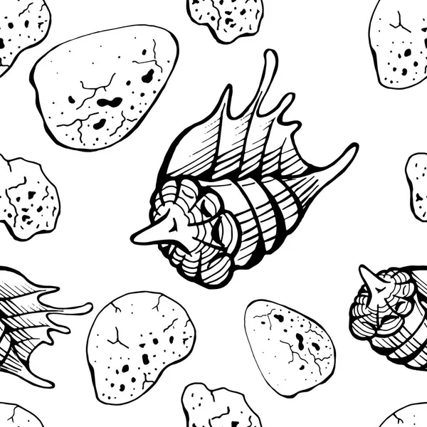 Nahtloses Muster von handgezeichneten Vektor-Muscheln und Steinen auf weißem Hintergrund. Cover, Druckdesign. — Stockvektor