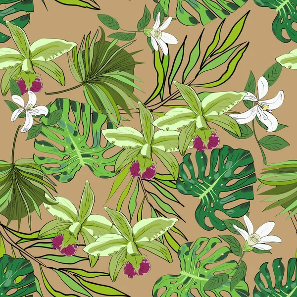 Modèle vectoriel sans couture de fleurs et de feuilles exotiques dessinées à la main. Contexte tropical . — Image vectorielle