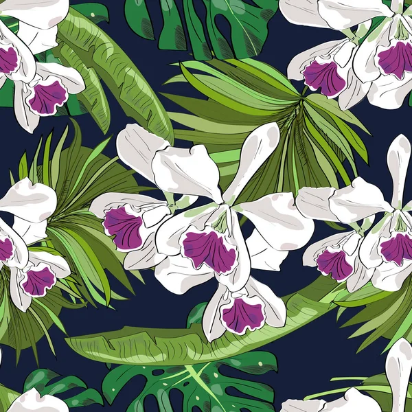 Modèle vectoriel sans couture de fleurs et de feuilles exotiques dessinées à la main. Contexte tropical . — Image vectorielle