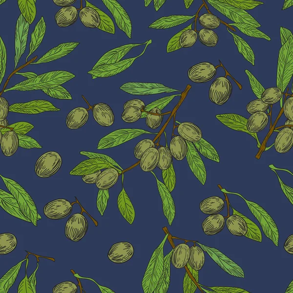Vektor gezeichnete Oliven nahtlose Muster auf blauem Hintergrund in einem Skizzenstil. Exotische Sammlung. — Stockvektor