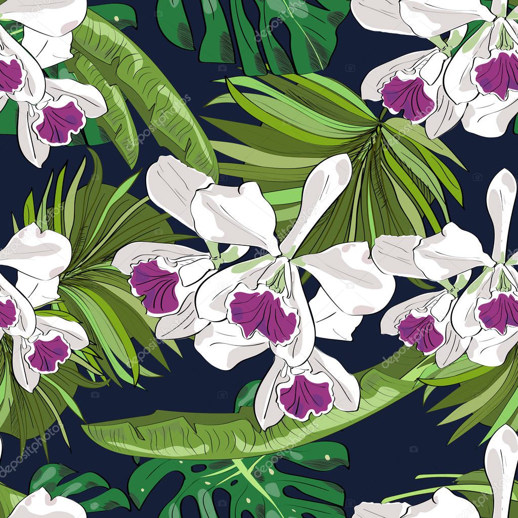 Seamless vector pattern of exotic hand drawn flowers and leaves. Tropical background.