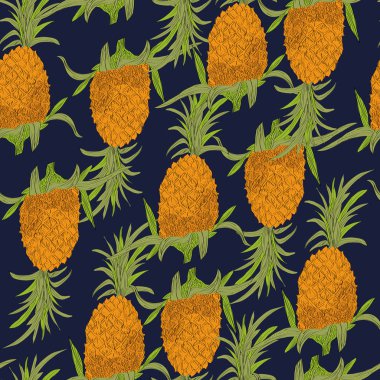 Vektör ananas bir kroki tarzı ile mavi arka plan tropikal seamless modeli çizilmiş. Egzotik koleksiyonu.