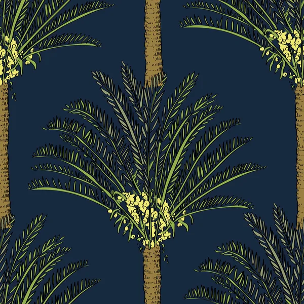 Vecteur dessiné cycas palmier motif sans couture sur fond bleu dans un style croquis. Collection exotique . — Image vectorielle