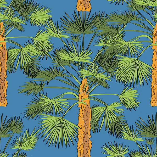 矢量绘制的风扇棕榈树无缝模式在素描样式中的蓝色背景上。充满异国情调的集合. — 图库矢量图片