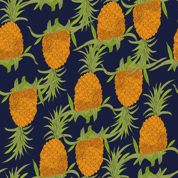 Vektör ananas bir kroki tarzı ile mavi arka plan tropikal seamless modeli çizilmiş. Egzotik koleksiyonu.