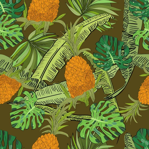 Vektor gezeichnet tropischen nahtlosen Muster auf braunem Hintergrund mit Ananas, Monstera und Bananenblättern in einem Skizzenstil. Exotische Sammlung. — Stockvektor
