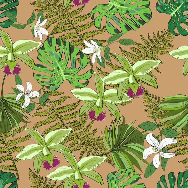 エキゾチックなベクトル描画の花と葉のパターンでシームレスなベクトル。熱帯の背景. — ストックベクタ